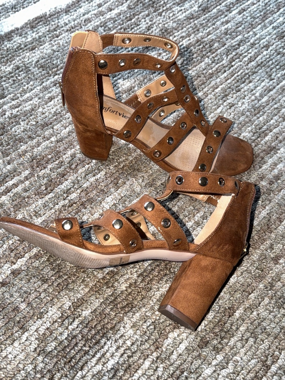 comfortview Brown Suede Studded Strappy Block Heel Sandals